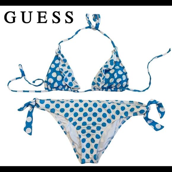 GUESS blue white polka dot ruffle frill bikini Sz L - Picture 1 of 9